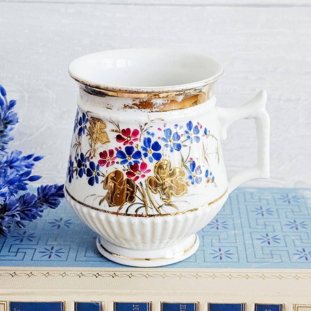 Antique Porcelain Hand Painted Red and Blue Floral & Gold Coffee Cup